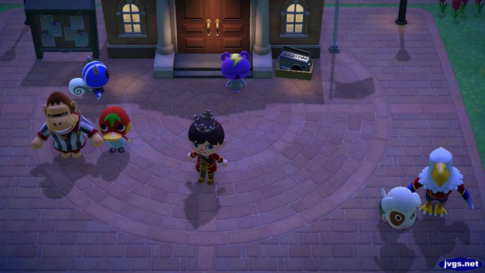 Six villagers hanging out at the plaza in Animal Crossing: New Horizons.