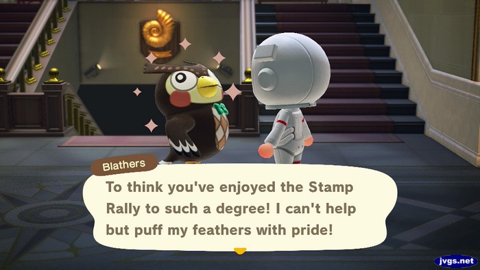 Blathers: To think you've enjoyed the Stamp Rally to such a degree! I can't help but puff my feathers with pride!