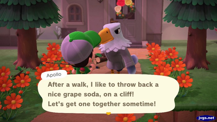 Apollo: After a walk, I like to throw back a nice grape soda, on a cliff! Let's get one together sometime!