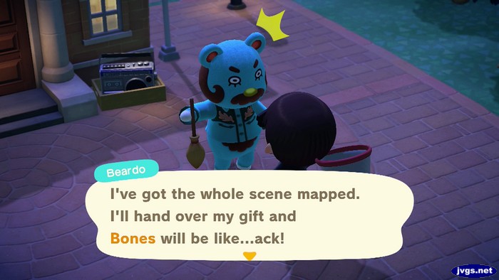 Beardo: I've got the whole scene mapped. I'll hand over my gift and Bones will be like...ack!