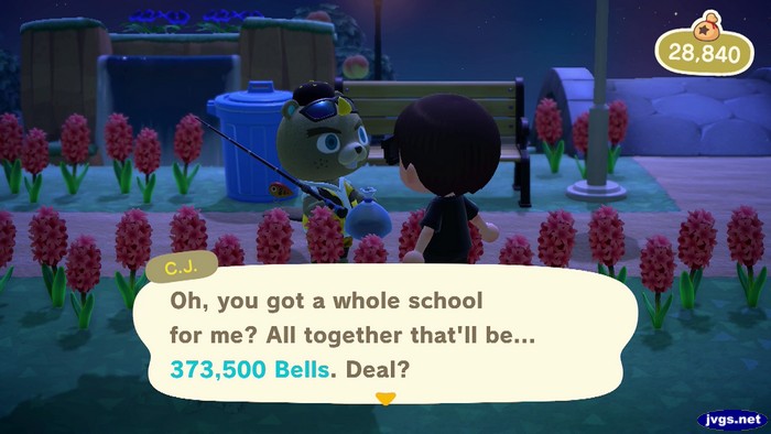 C.J.: Oh, you got a whole school for me? All together that'll be... 373,500 bells. Deal?
