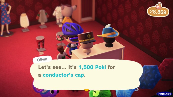 Olivia: Let's see... It's 1,500 Poki for a conductor's cap.