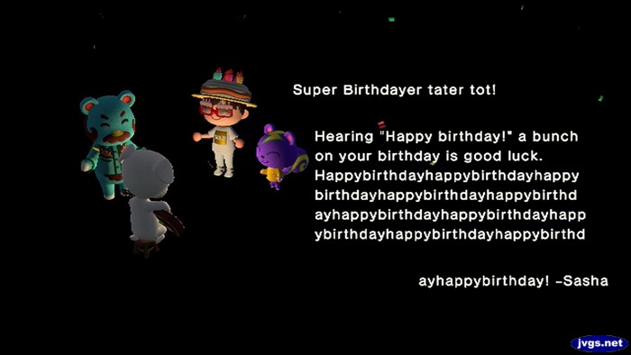 A birthday message addressed to "Super Birthdayer tater tot" from Sasha.