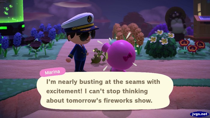 Marina: I'm nearly busting at the seams with excitement! I can't stop thinking about tomorrow's fireworks show.