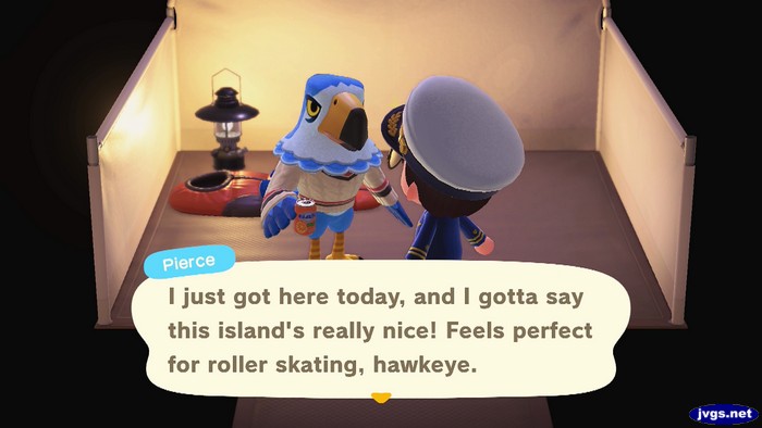 Pierce: I just got here today, and I gotta say this island's really nice! Feels perfect for roller skating, hawkeye.