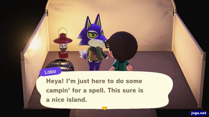 Lobo, at the campsite: Heya! I'm just here to do some campin' for a spell. This sure is a nice island.