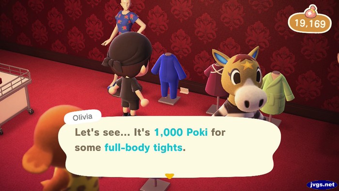 Olivia: Let's see... It's 1,000 Poki for some full-body tights.