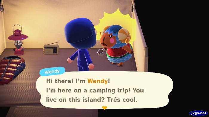 Wendy: Hi there! I'm Wendy! I'm here on a camping trip! You live on this island? Tres cool.
