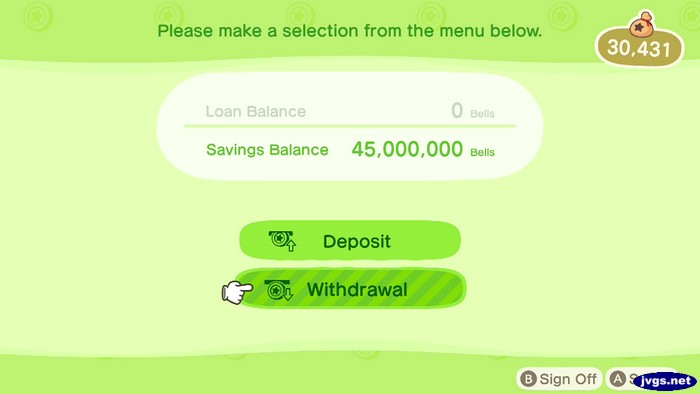 Savings Balance: 45,000,000 bells