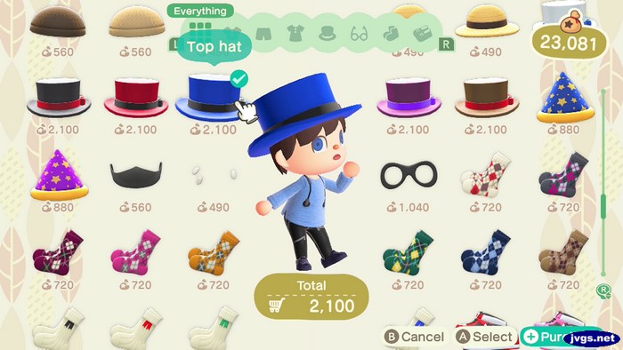 Wearing a blue top hat in Animal Crossing: New Horizons.