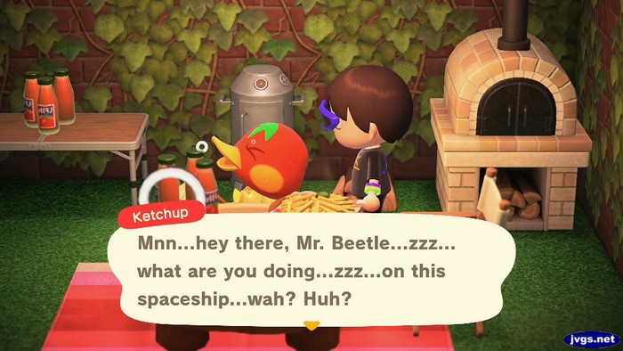 Ketchup: Mnn...hey there, Mr. Beetle...zzz... what are you doing...zzz...on this spaceship...wah? Huh?