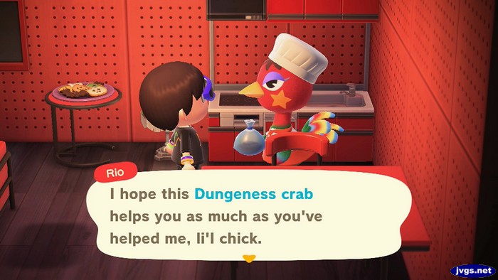 Rio: I hope this Dungeness crab helps you as much as you've helped me, li'l chick.