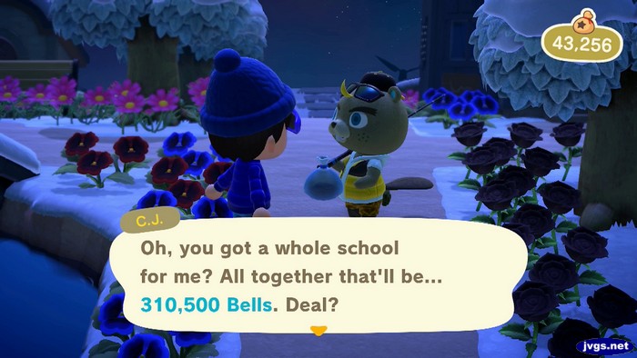 C.J.: Oh, you got a whole school for me? All together that'll be 310,500 bells. Deal?