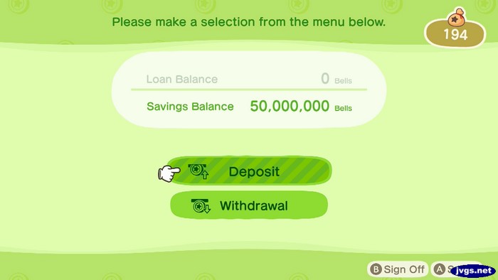 Savings Balance: 50,000,000 bells.