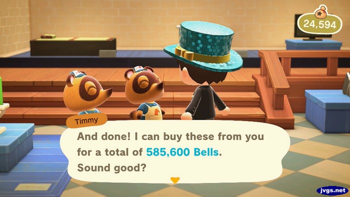 Timmy: And done! I can buy these from you for a total of 585,600 bells. Sound good?