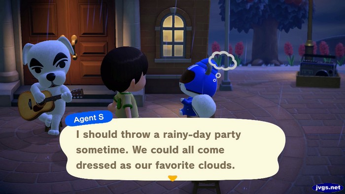 Agent S: I should throw a rainy-day party sometime. We could all come dressed as our favorite clouds.