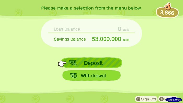 Savings Balance: 53,000,000 bells.