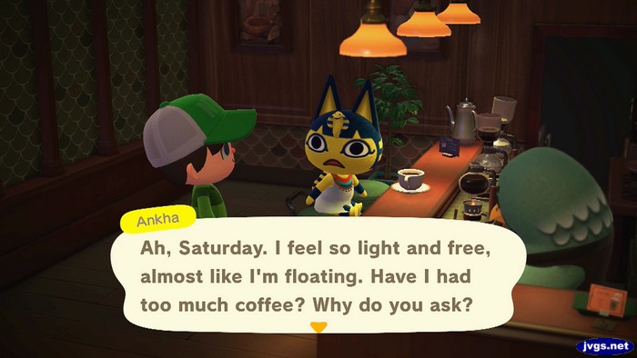 Ankha: Ah, Saturday. I feel so light and free, almost like I'm floating. Have I had too much coffee? Why do you ask?