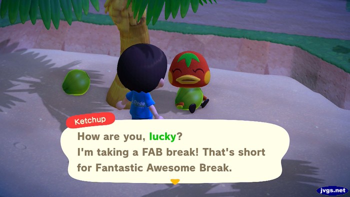 Ketchup: How are you, lucky? I'm taking a FAB break! That's short for Fantastic Awesome Break.
