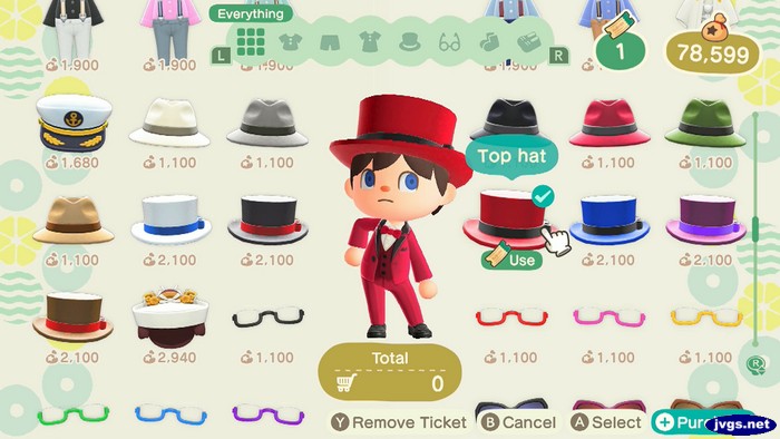 Buying a new red top hat at Able Sisters.