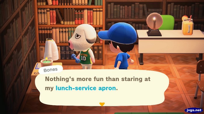 Bones: Nothing's more fun than staring at my lunch-service apron.