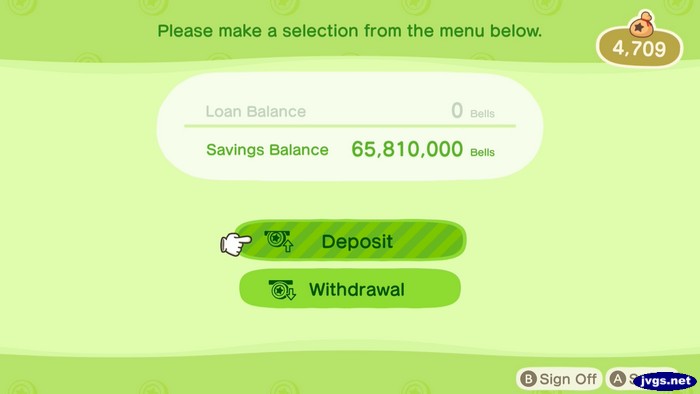 Savings Balance: 65,810,000 bells.