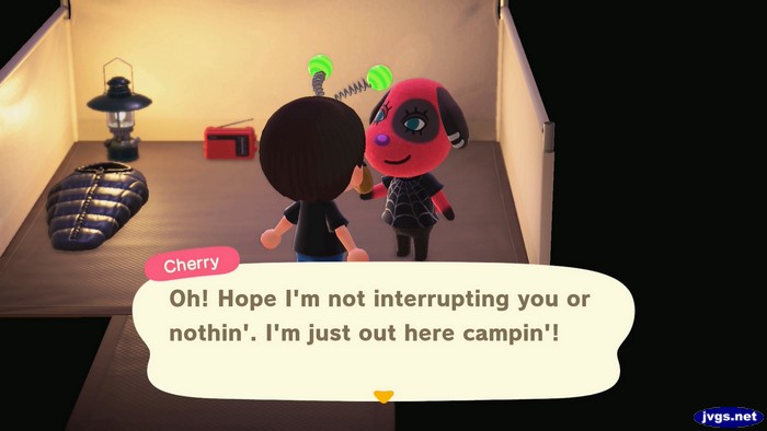 Cherry, at the campsite: Oh! Hope I'm not interrupting you or nothin'. I'm just out here campin'!