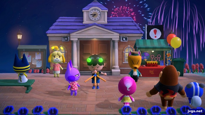 Jeff blows a tweeter during the fireworks festival. Ankha, Isabelle, Bob, Midge, Redd, Louie, and Agent S are nearby.