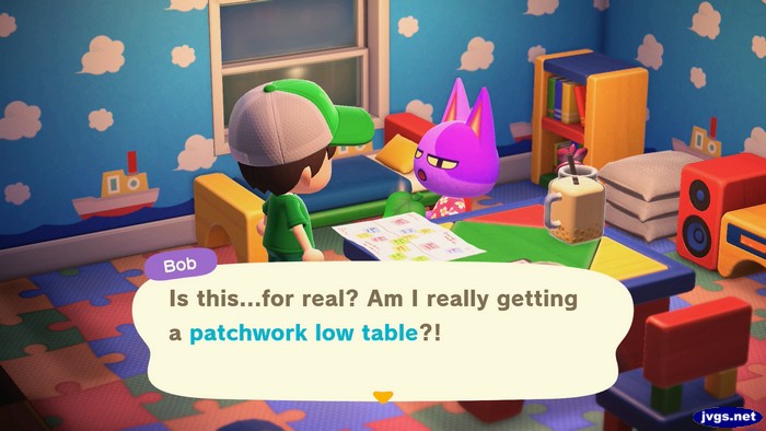 Bob: Is this...for real? Am I really getting a patchwork low table?!