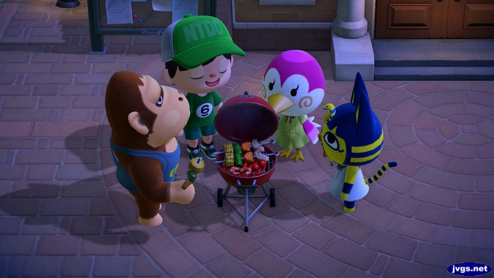 Louie, Midge, and Ankha grilling some vegetables...as Jeff can only sniff.