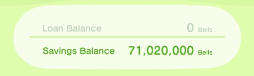 Savings Balance: 71,020,000 bells.