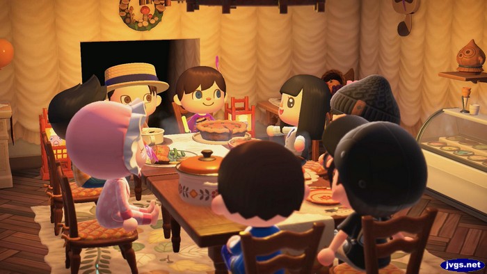 Eating Thanksgiving dinner in Animal Crossing: New Horizons.