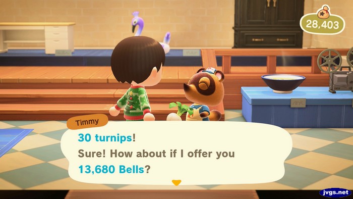Timmy: 30 turnips! Sure! How about if I offer you 13,680 bells?