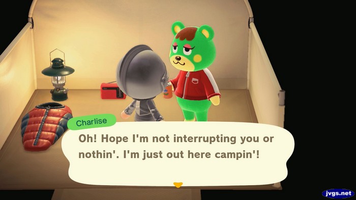 Charlise, at the campsite: Oh! Hope I'm not interrupting you or nothin'. I'm just out here campin'!