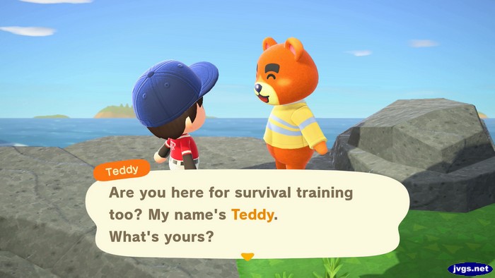 Teddy, on a mystery island: Are you here for survival training too? My name's Teddy. What's yours?