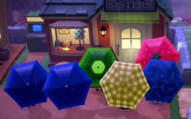 Spinning umbrellas outside of Able Sisters.