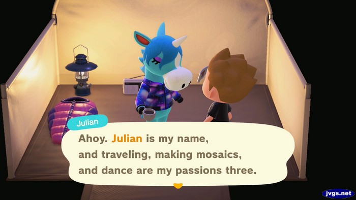 Julian, at the campsite: Ahoy. Julian is my name, and traveling, making mosaics, and dance are my passions three.