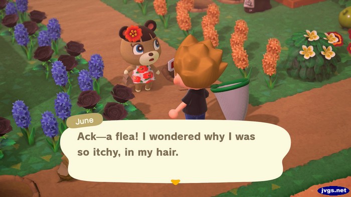 June: Ack--a flea! I wondered why I was so itchy, in my hair.