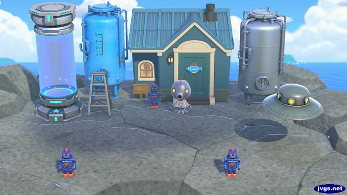 The outside of Cephalobot's vacation home for Happy Home Paradise, featuring tanks and a science pod.