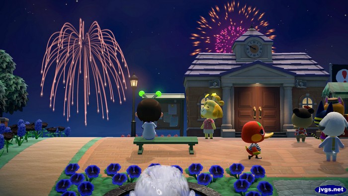 Enjoying the fireworks in Forest with Isabelle, Ketchup, June, Bones, Ankha, and Redd.