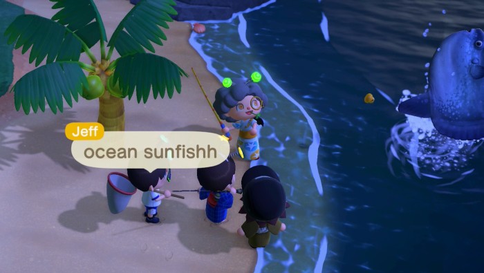 Seolfina catches an ocean sunfish in Animal Crossing: New Horizons (ACNH) for Nintendo Switch.