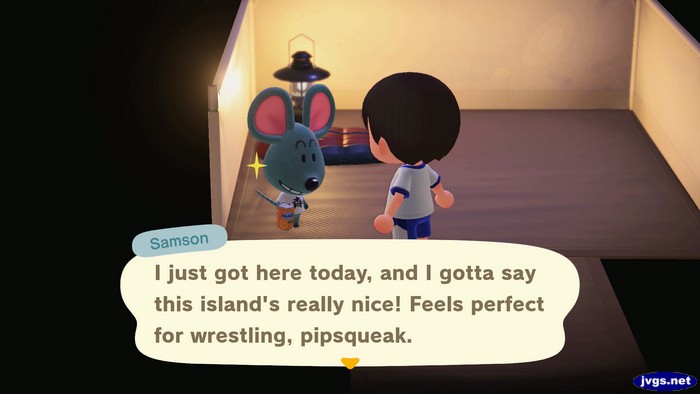 Samson, at the campsite: I just got here today, and I gotta say this island's really nice! Feels perfect for wrestling, pipsqueak.