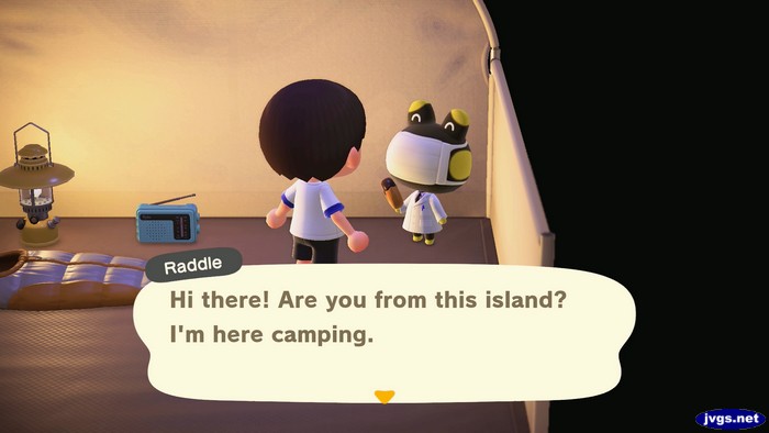 Raddle, at the campsite: Hi there! Are you from this island? I'm here camping.