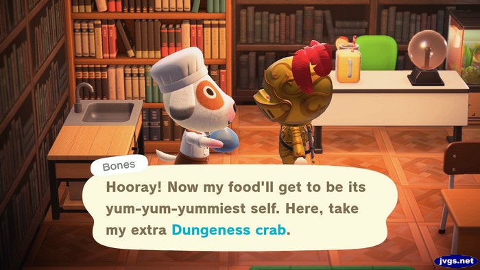 Bones: Hooray! Now my food'll get to be its yum-yum-yummiest self. Here, take my extra Dungeness crab.