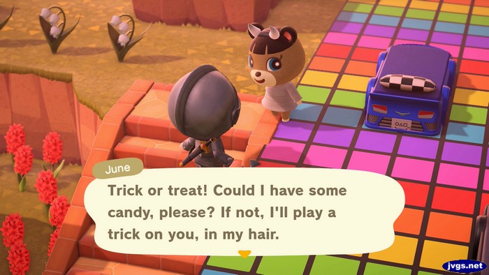 June: Trick or treat! Could I have some candy, please? If not, I'll play a trick on you, in my hair.