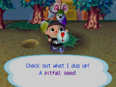 Bree looks on as I dig up a pitfall seed in Animal Crossing: Wild World.