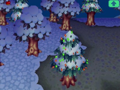 Festive lights on cedar trees on New Year's Day in Animal Crossing: Wild World.