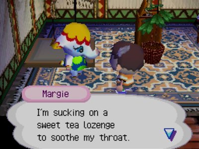 Margie: I'm sucking on a sweet tea lozenge to soothe my throat.