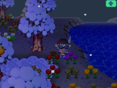 Purple tulips (hybrid flowers) in Animal Crossing: Wild World.