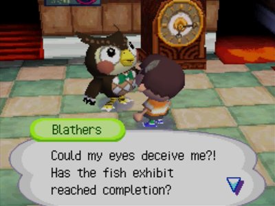 Blathers: Could my eyes deceive me?! Has the fish exhibit reached completion?